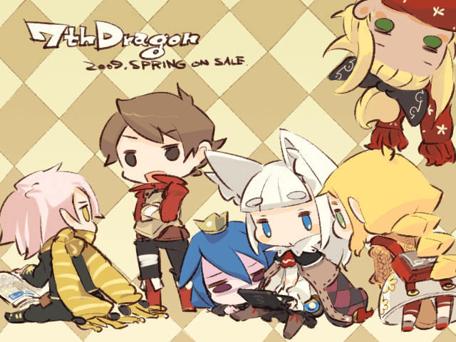 mota, boon (7th dragon), fighter (7th dragon), hatch (7th dragon), healer (7th dragon), ikurakun (7th dragon), mage (7th dragon), mol (7th dragon), momomeno (7th dragon), princess (7th dragon), rogue (7th dragon), yac (7th dragon), 7th dragon, 7th dragon (series), 2boys, 4girls, animal ears, blonde hair, blue eyes, blue hair, bow, brown eyes, brown hair, cape, chibi, crown, forehead, green eyes, hair bow, handheld game console, high ponytail, multiple boys, multiple girls, nintendo ds, pink hair, ponytail, purple eyes, scarf, upside-down, white hair