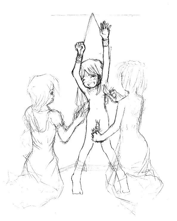 kusuguri, source request, third-party edit, 3girls, bdsm, feathers, flat chest, greyscale, loli, long hair, monochrome, multiple girls, nude, open mouth, pussy, restrained, simple background, sketch, standing, tickle torture, tickling, uncensored, white background