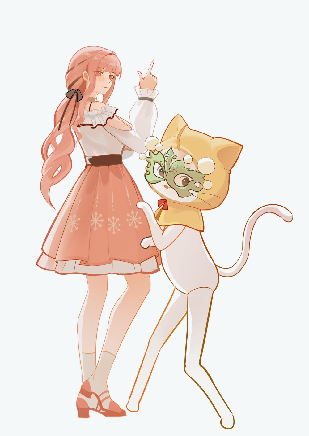 momo (nikki), momo longlegs (infinity nikki), nikki (nikki), perfect start (infinity nikki), infinity nikki, nikki (series), chinese commentary, commentary request, highres, 1girl, animal, ankle socks, arm cutout, belt, black belt, black bow, black choker, black eyes, black ribbon, blunt bangs, bow, bowtie, bra strap, brown eyes, cat, choker, cloak, closed mouth, clothed animal, clothing cutout, ear covers, eyelashes, eyes visible through hair, finger gun, frilled shirt, frilled skirt, frilled sleeves, frills, full body, green mask, hair bow, hair intakes, hair ribbon, happy, high heels, hood, hood up, hooded cloak, long hair, long legs, long sleeves, looking at viewer, low twintails, mask, masquerade mask, medium skirt, off-shoulder shirt, off shoulder, paw pose, pink hair, pink shoes, pink skirt, pleated skirt, print skirt, puffy long sleeves, puffy sleeves, pumps, red bow, red bowtie, ribbon, shirt, shoes, simple background, skirt, sleeves past wrists, smile, snowflake print, socks, standing, tress ribbon, twintails, very long hair, watermark, wavy hair, white background, white cat, white shirt, white socks, yellow cloak, youyutiao