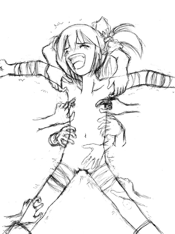 kusuguri, source request, 1girl, bdsm, disembodied hand, flat chest, from above, greyscale, loli, monochrome, nude, open mouth, pussy, restrained, simple background, solo focus, tears, tickle torture, tickling, white background