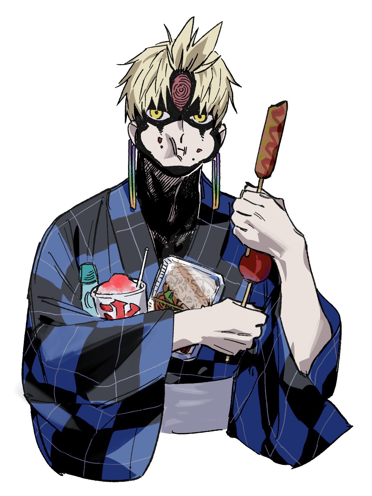 ycy5nljkl410219, enjoji jin, evil eye (dandadan), dandadan, commentary request, highres, 1boy, blue kimono, candy apple, closed mouth, cropped torso, earrings, eating, food, food on face, holding, holding food, japanese clothes, jewelry, kimono, looking at viewer, male focus, possessed, sash, shaved ice, short hair, solo, third eye, upper body, white background, white sash, wide sleeves