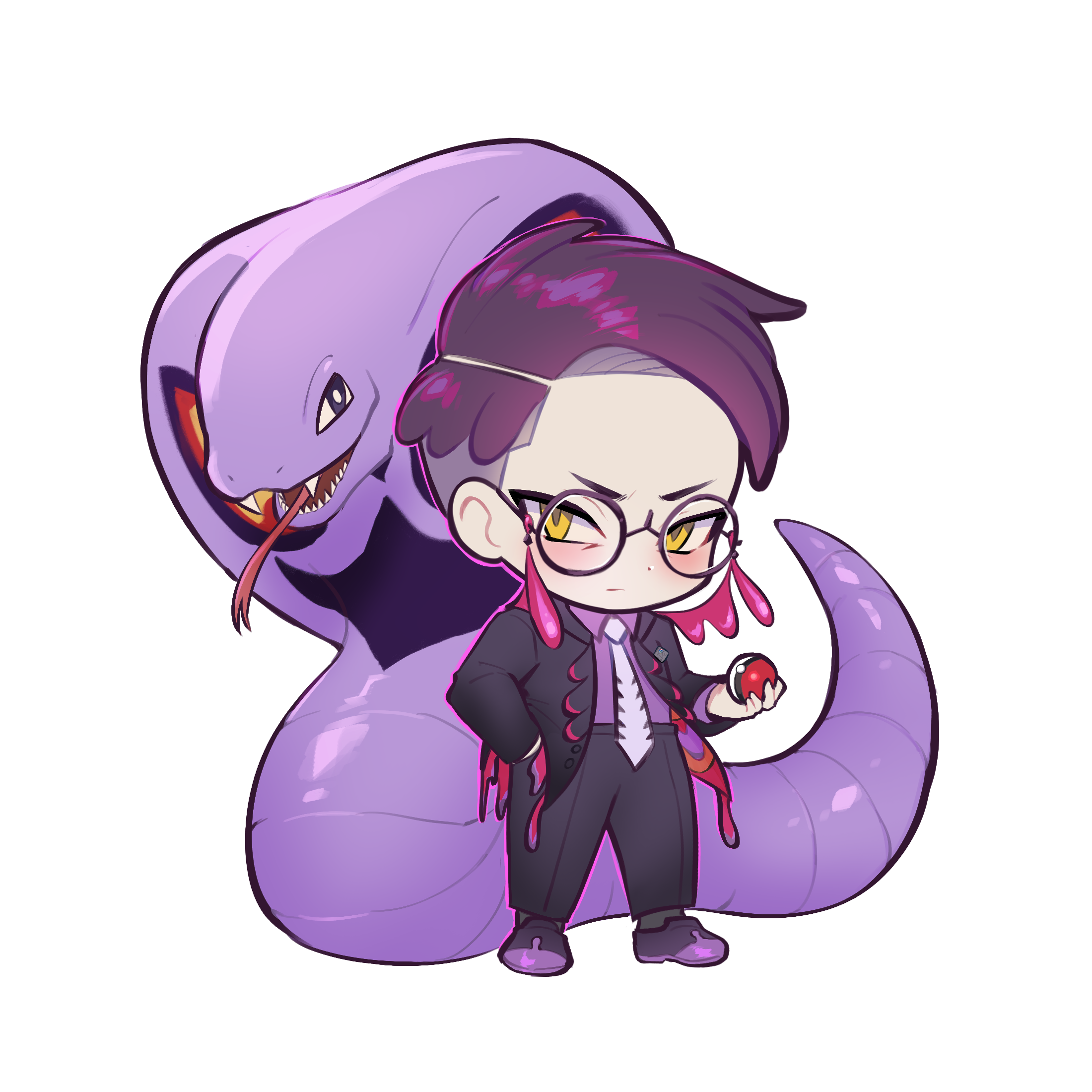 duokhay, arbok, corbeau (pokemon), nintendo, pokemon, pokemon legends: z-a, commentary, english commentary, highres, 1boy, black-framed eyewear, black pants, chibi, chibi only, collared shirt, eyewear strap, fangs, full body, gen 1 pokemon, glasses, hand in pocket, holding, holding poke ball, male focus, necktie, outline, pants, parted hair, poke ball, poke ball (basic), pokemon (creature), purple shirt, round eyewear, shirt, short hair, solo, transparent background, white necktie, white outline, yellow eyes
