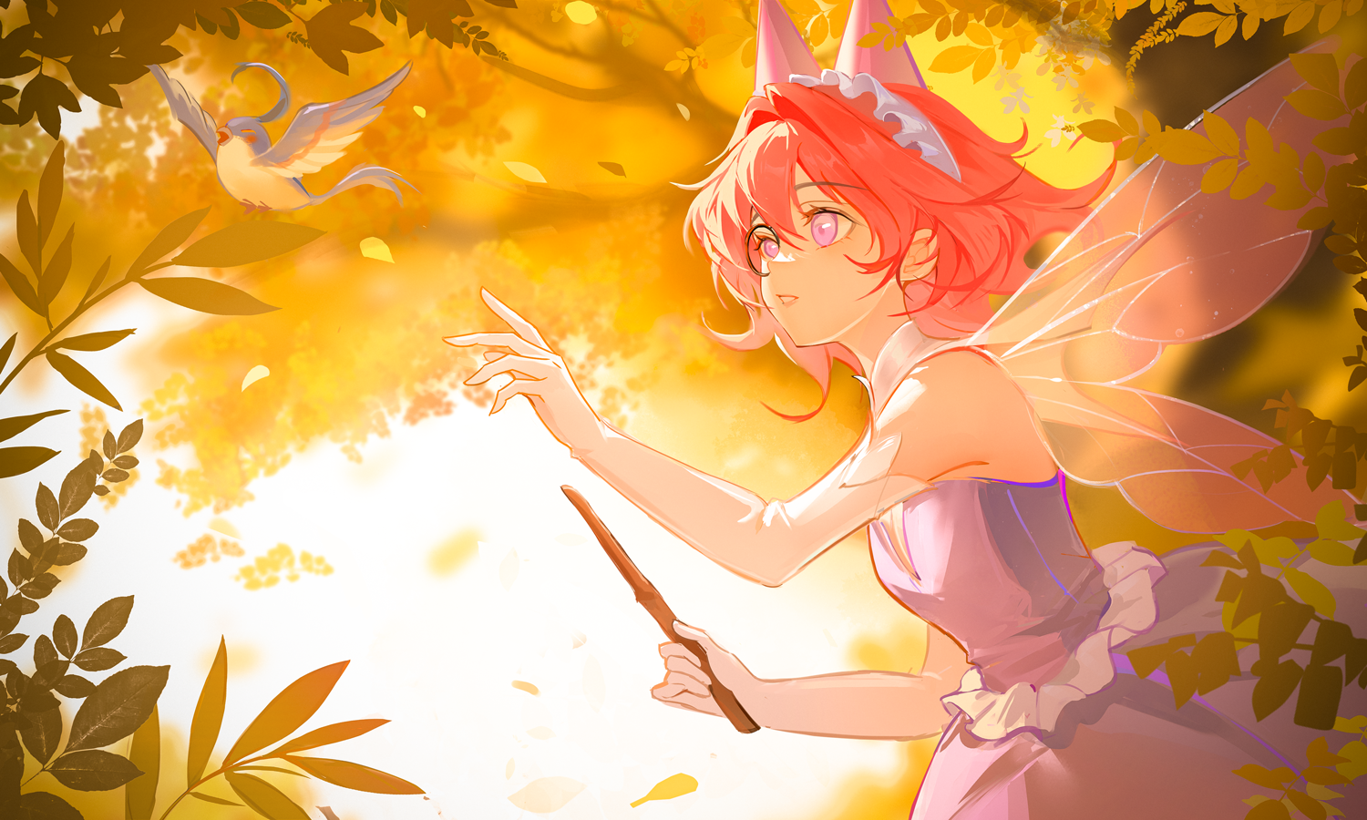 lulukko (infinity nikki), infinity nikki, nikki (series), chinese commentary, commentary request, 1girl, autumn, bare shoulders, bird, black-framed eyewear, blue bird, bubble skirt, center opening, collar, cowboy shot, day, detached collar, dress, elbow gloves, expressionless, fairy, fairy wings, falling leaves, frilled dress, frilled hairband, frills, gloves, hair between eyes, hair intakes, hairband, holding, holding wand, leaf, lips, looking at another, medium hair, monocle, outdoors, parted lips, pink lips, pink wings, purple dress, reaching, red hair, round eyewear, skirt, sky, solo, standing, strapless, strapless dress, teeth, transparent wings, tree, wand, white collar, white gloves, white hairband, white sky, wings, youyutiao