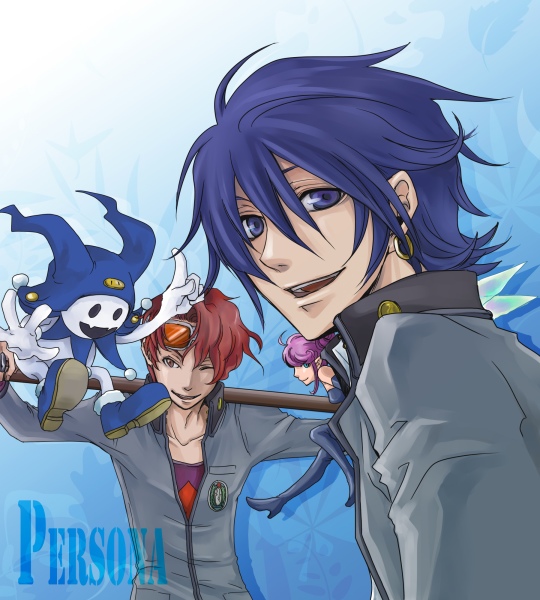 kaina (b-white), jack frost (megami tensei), pixie (megami tensei), toudou naoya, uesugi hidehiko, atlus, persona, persona 1, bad id, bad pixiv id, 1girl, 2boys, earrings, jewelry, multiple boys, school uniform