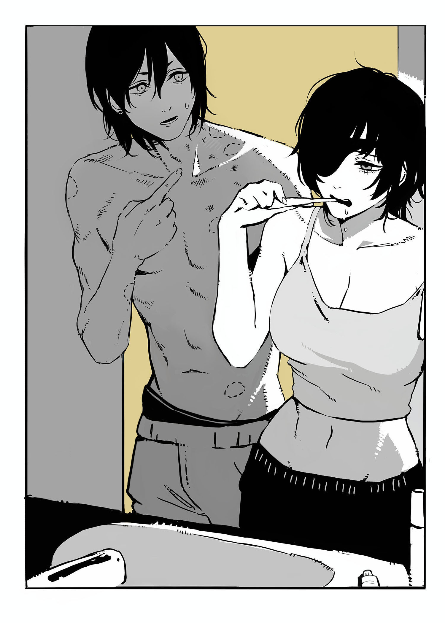 tomatoketchup96, hayakawa aki, himeno (chainsaw man), chainsaw man, highres, 1boy, 1girl, aftersex, bite mark, brushing teeth, eyepatch, greyscale, monochrome, shirt, sleeveless, sleeveless shirt, topless male, underwear