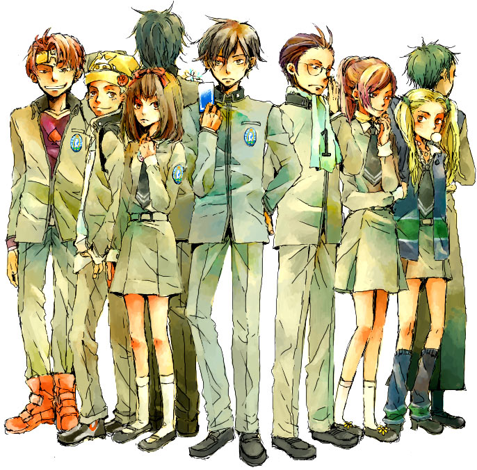 namahamuro-su, ayase yuka, inaba masao, kido reiji, kirishima eriko, mayuzumi yukino, nanjo kei, nanjou kei, sonomura maki, toudou naoya, uesugi hidehiko, atlus, persona, persona 1, white legwear, bad id, bad pixiv id, 4girls, 5boys, antenna hair, arms at sides, back, belt, black hair, blazer, blonde hair, blowing bubble gum, blowing bubbles, boots, bow, brown eyes, brown hair, card, chewing gum, closed mouth, clothes writing, everyone, flower, frown, full body, glasses, green hair, grin, hair bow, hair ornament, hair ribbon, hair scrunchie, hair slicked back, hand on own hip, hat, headband, holding, jacket, jewelry, kneehighs, leg warmers, legs apart, loafers, long hair, long sleeves, looking at viewer, looking down, looking to the side, mary janes, multiple boys, multiple girls, necklace, necktie, pants, ponytail, red bow, ribbon, scarf, school uniform, scrunchie, shoes, short hair, short twintails, simple background, skirt, smile, socks, standing, swept bangs, twintails, white background