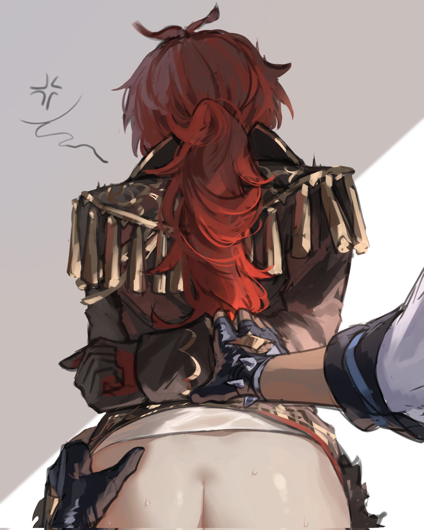 zehuij, diluc (genshin impact), kaeya (genshin impact), genshin impact, highres, 2boys, anger vein, arms behind back, ass, black gloves, from behind, gloves, hand on another's hip, inseki, long hair, male focus, multiple boys, partially fingerless gloves, ponytail, pov, red eyes, red hair, sex, sex from behind, spoken anger vein, sweat, yaoi