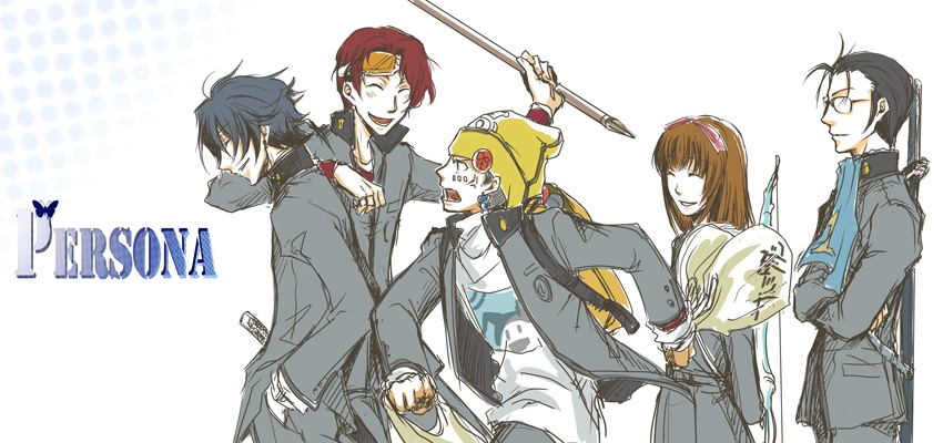 inaba masao, nanjo kei, nanjou kei, sonomura maki, toudou naoya, uesugi hidehiko, atlus, persona, persona 1, 1girl, 4boys, black hair, blonde hair, brown hair, everyone, formal clothes, from side, long sleeves, multiple boys, profile, school uniform, short hair, simple background, suit, upper body, white background
