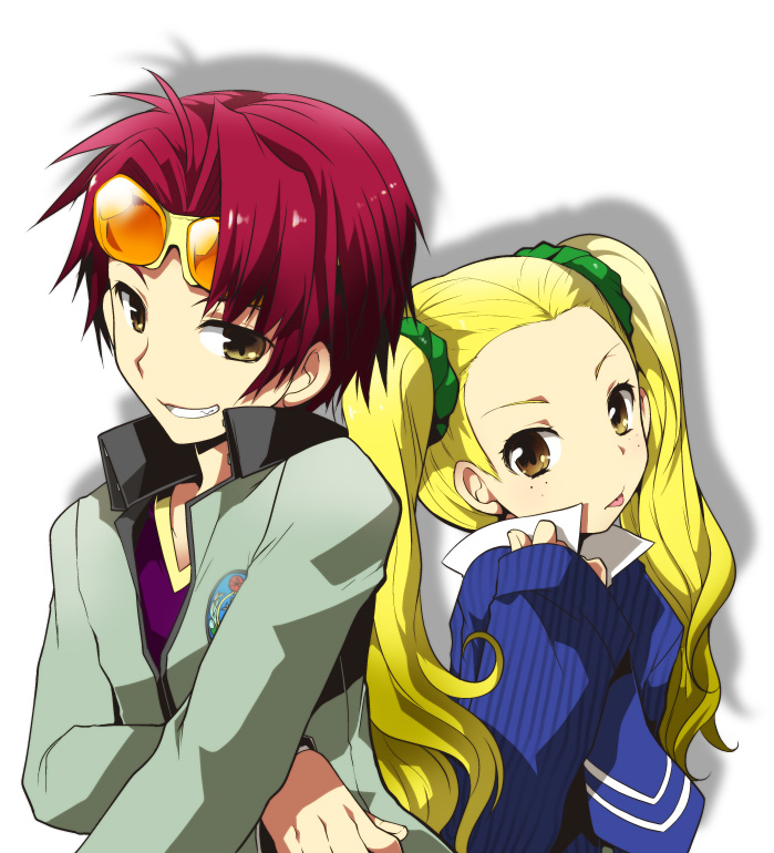 kamiyoshi rika, ayase yuka, uesugi hidehiko, atlus, persona, persona 1, 1boy, 1girl, blonde hair, brown eyes, freckles, goggles, grin, gyaru, kogal, long sleeves, red hair, school uniform, scrunchie, short hair, sleeves past wrists, smile, sweater, tongue, twintails