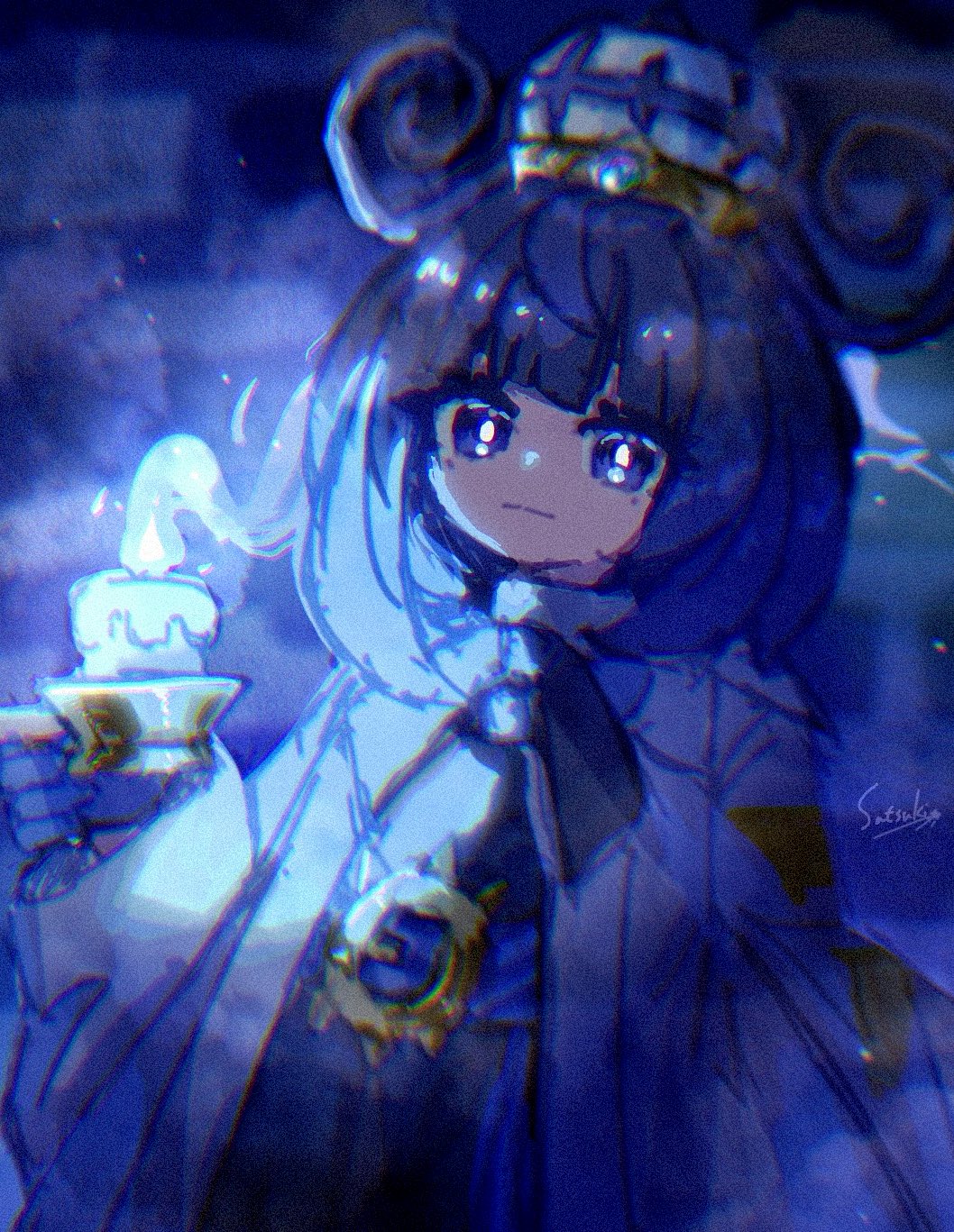 gwynn (pokemon), nintendo, pokemon, pokemon legends: z-a, highres, 1girl, ashirene822, blunt bangs, bob cut, candle, candle wax, candlestand, closed mouth, coat, dress, hat, holding candlestand, long sleeves, looking at viewer, open clothes, open coat, short hair, signature, solo, white coat