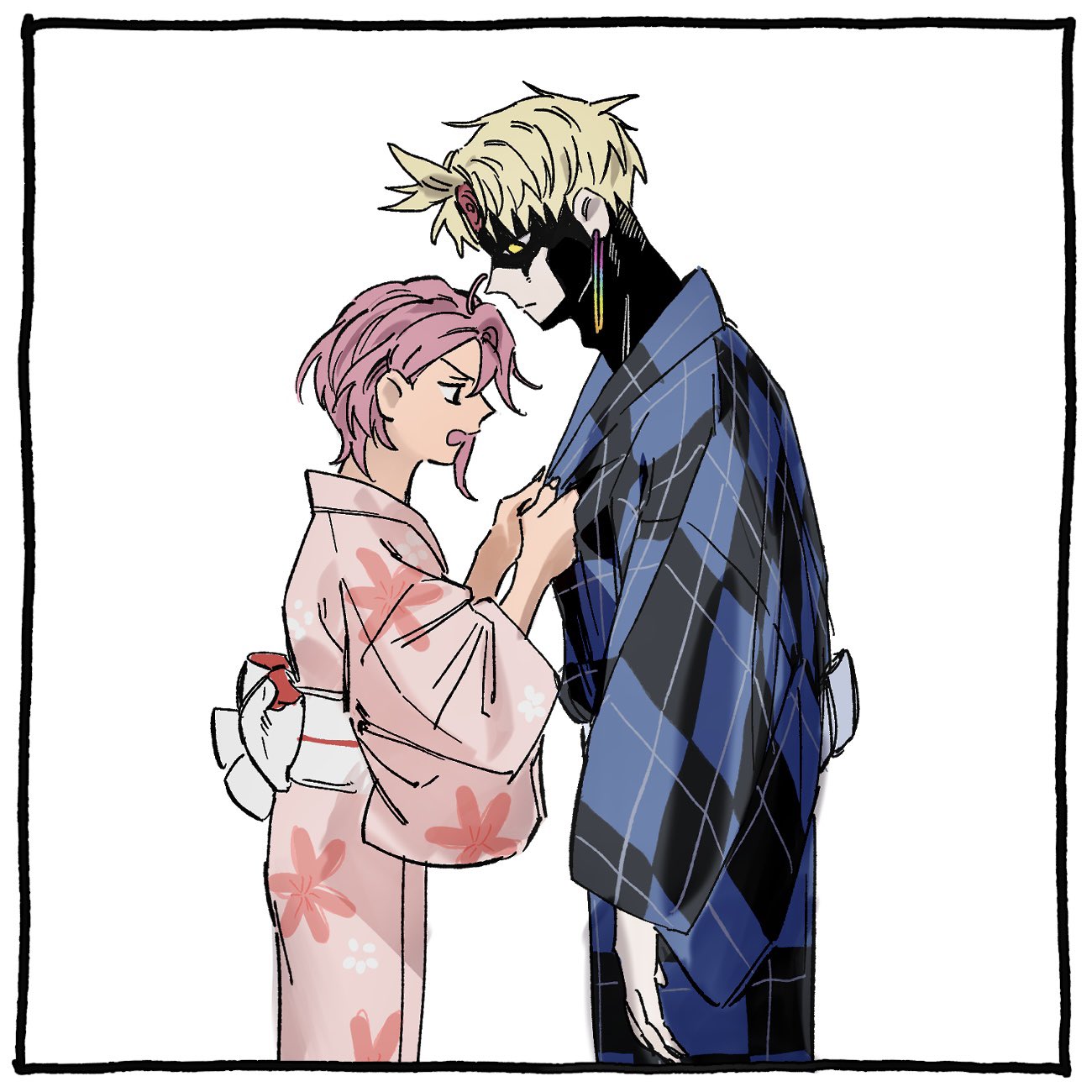 ycy5nljkl410219, enjoji jin, evil eye (dandadan), shiratori aira (dandadan), dandadan, commentary request, highres, 1boy, 1girl, blonde hair, blue kimono, checkered clothes, checkered kimono, covering another, cowboy shot, earrings, floral print, from side, height difference, japanese clothes, jewelry, kimono, looking at another, open mouth, pink hair, pink kimono, possessed, print kimono, profile, sash, short hair, simple background, third eye, white background, white sash, wide sleeves