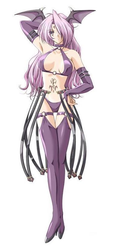 breasts, demon girl, hand on own hip, head wings, hip focus, long hair, navel, purple hair, wings