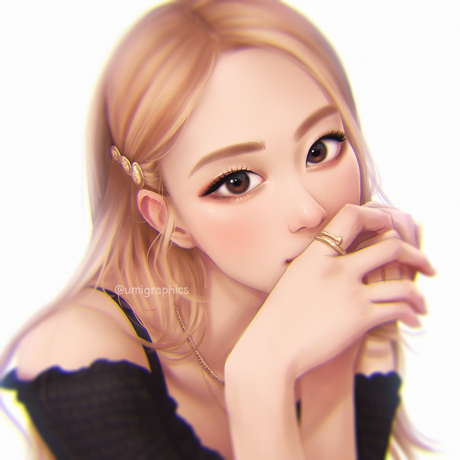 umigraphics, rose (blackpink), blackpink, highres, 1girl, blonde hair, brown eyes, chromatic aberration, gold ring, jewelry, k-pop, long hair, looking at viewer, necklace, solo, upper body, white background