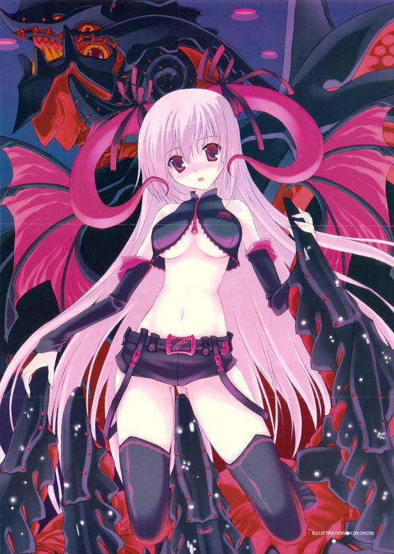bra, breasts, demon, elbow gloves, gloves, lingerie, long hair, pink hair, red wings, ribbon, surprised, underwear, wings