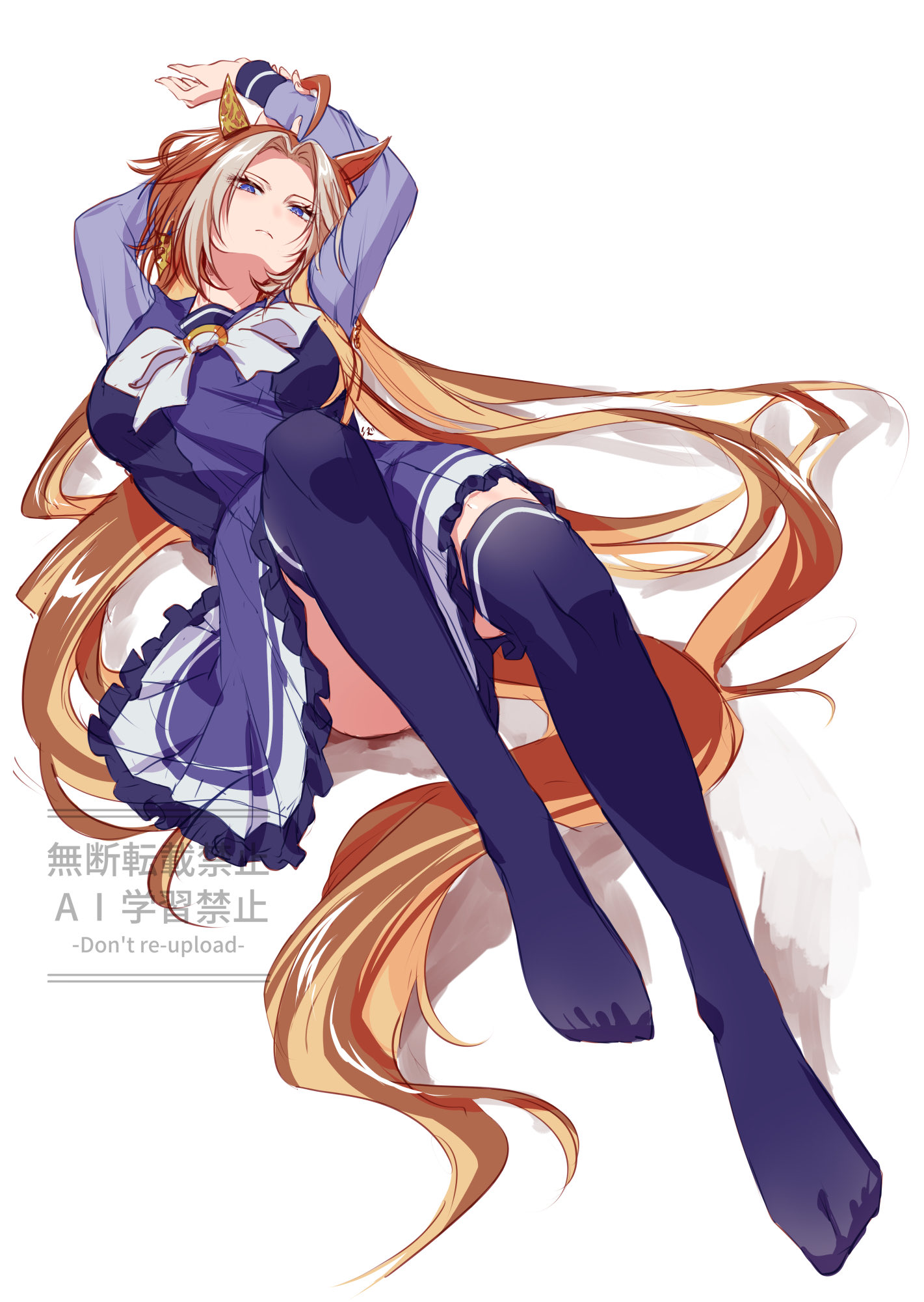 yue (lov n n), orfevre (umamusume), umamusume, commentary request, highres, 1girl, animal ears, closed mouth, ear covers, full body, horse ears, horse girl, horse tail, looking at viewer, lying, multicolored hair, no shoes, on back, pleated skirt, purple eyes, purple shirt, purple skirt, purple thighhighs, school uniform, shirt, simple background, single ear cover, skirt, solo, streaked hair, tail, thighhighs, tracen school uniform, two-tone hair, watermark, white background