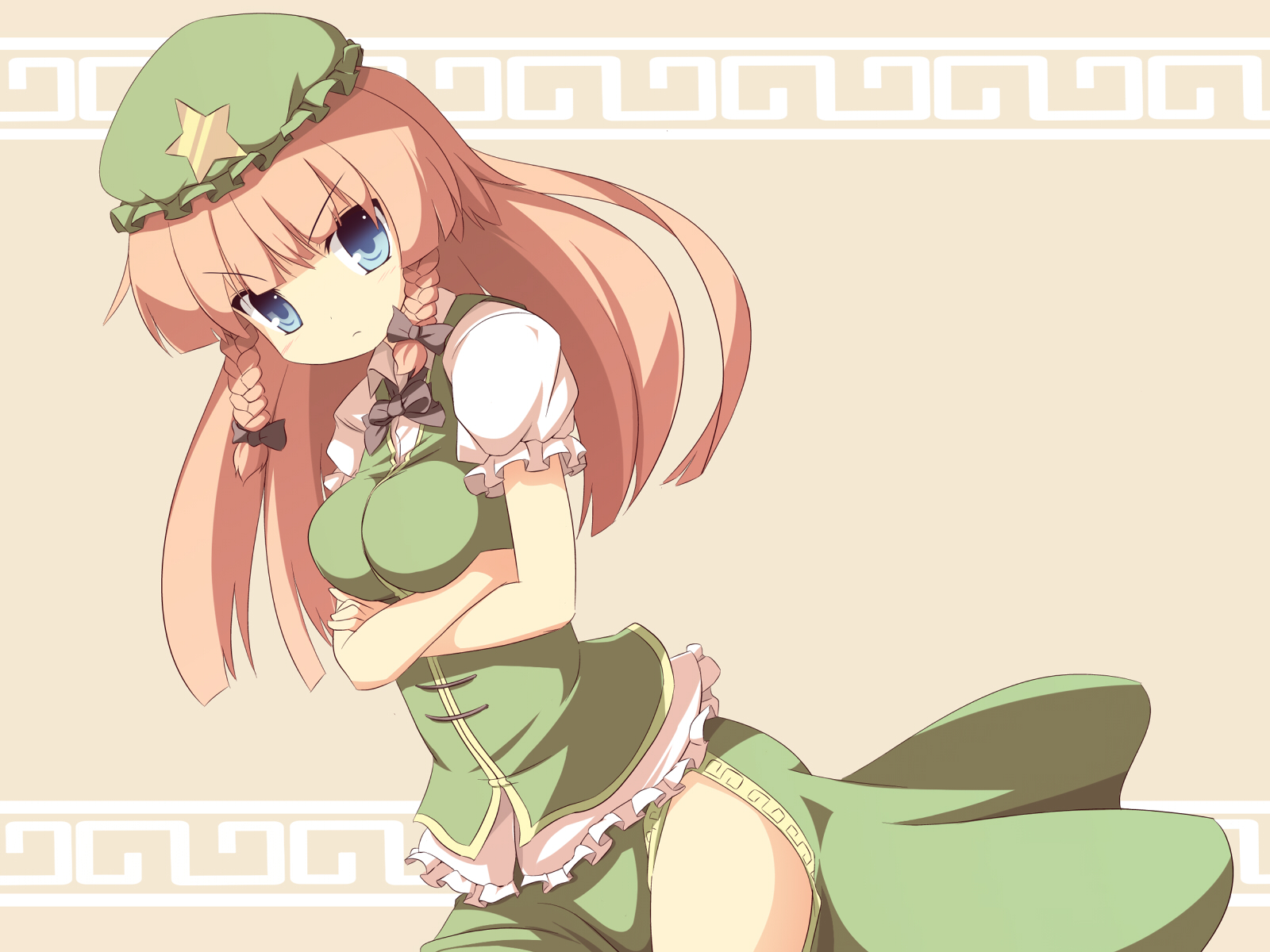 miko machi, hong meiling, embodiment of scarlet devil, touhou, highres, 1girl, blue eyes, braid, breast lift, breasts, china dress, chinese clothes, crossed arms, dress, female focus, frown, hair ribbon, hat, long hair, red hair, ribbon, side slit, simple background, skirt, solo, star (symbol), twin braids