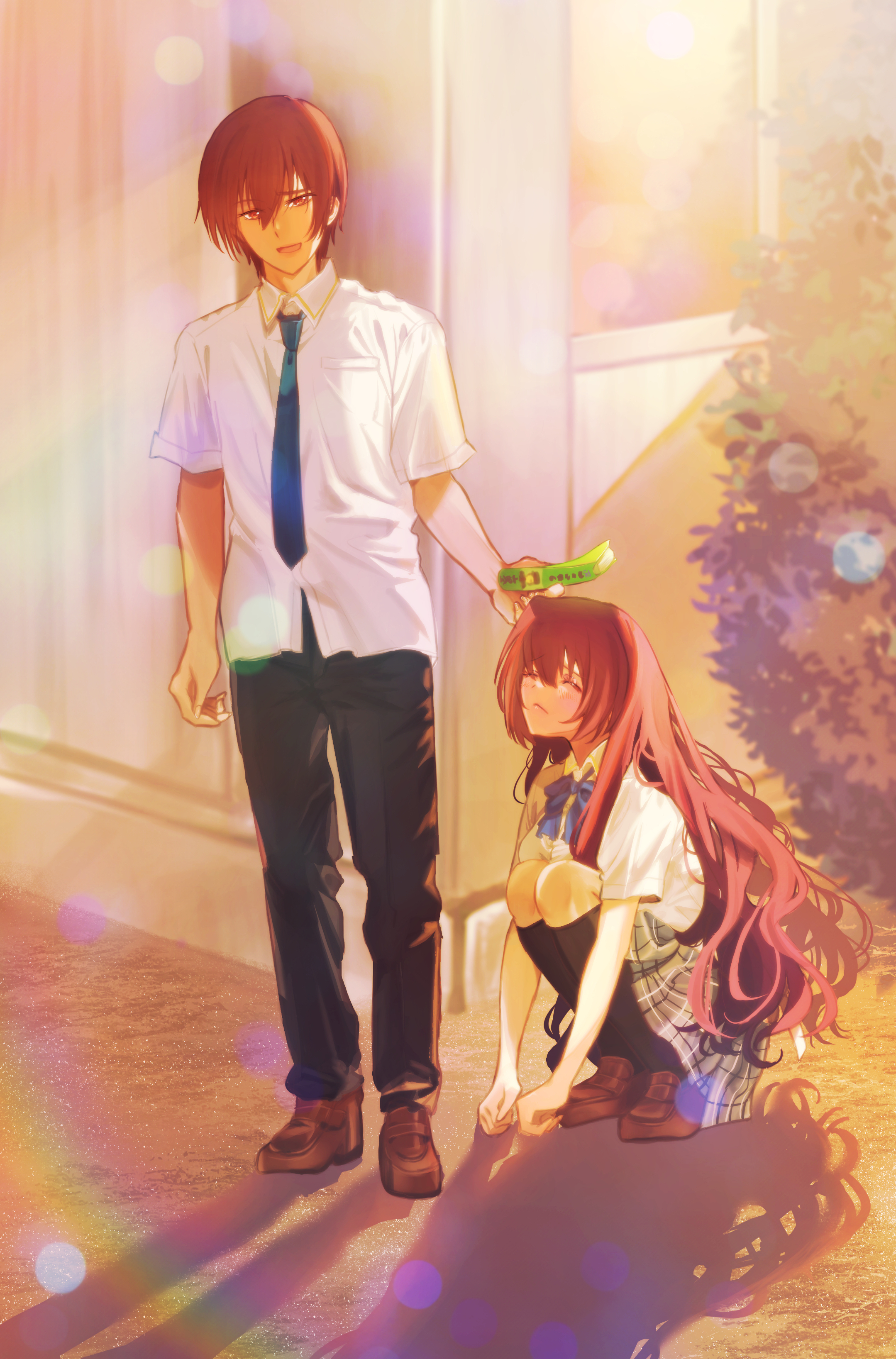 miiizuno lbs, a-chan (little busters!), natsume kyousuke, little busters!, absurdres, commentary request, highres, 1boy, 1girl, :d, ^ ^, backlighting, black pants, black socks, blue bow, blue bowtie, blush, book, bow, bowtie, brown eyes, brown hair, brown shoes, clenched hands, closed eyes, closed mouth, collared shirt, day, dress shirt, full body, furrowed brow, grey skirt, hair between eyes, holding, holding book, kneehighs, lens flare, little busters! school uniform, loafers, long hair, looking at viewer, miniskirt, open mouth, outdoors, pants, plaid clothes, plaid skirt, school uniform, shadow, shirt, shoes, short hair, short sleeves, skirt, smile, socks, squatting, standing, very long hair, white shirt