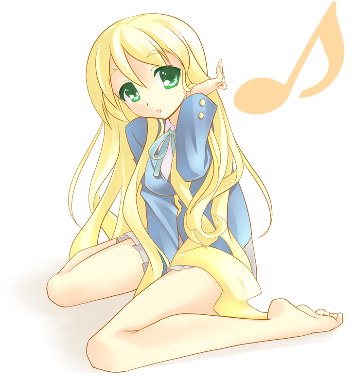 yukigumo, kotobuki tsumugi, k-on!, bad id, bad pixiv id, 00s, 1girl, barefoot, blonde hair, female focus, full body, gradient background, green eyes, kneeling, long hair, musical note, school uniform, solo