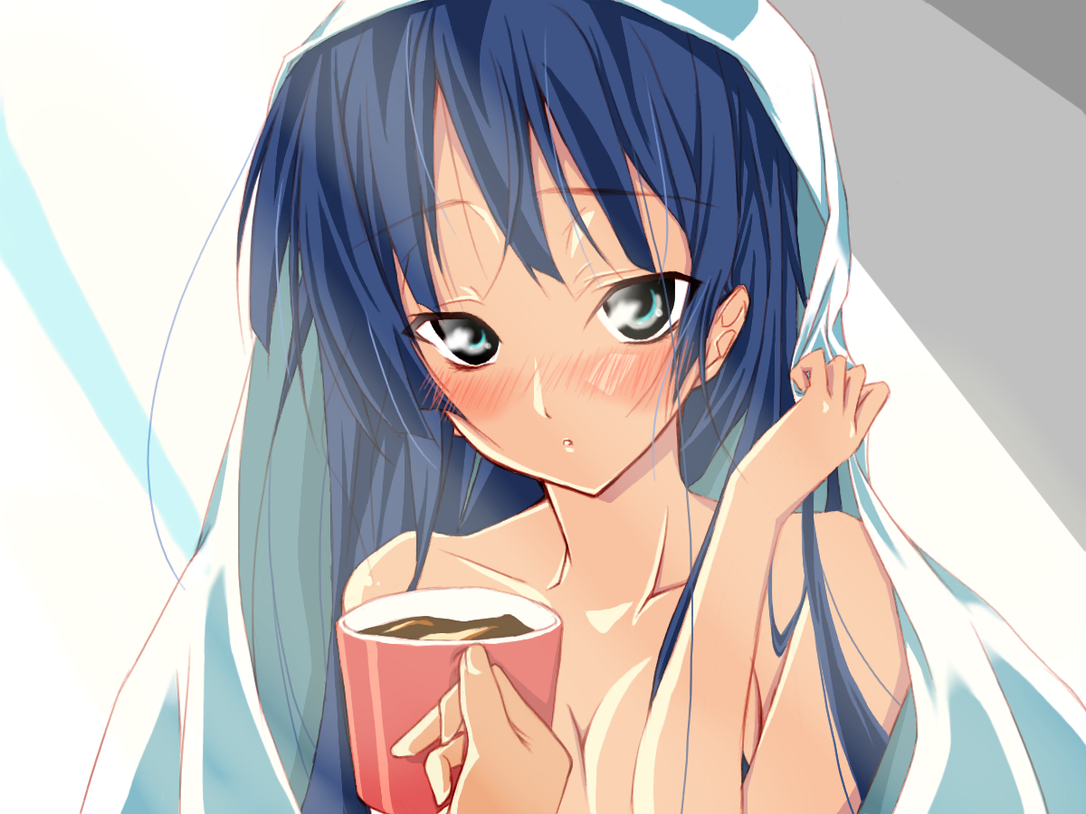 yosuke nami, akiyama mio, k-on!, 00s, 1girl, black hair, blunt bangs, blush, coffee, cup, female focus, hime cut, morning, mug, solo, topless female