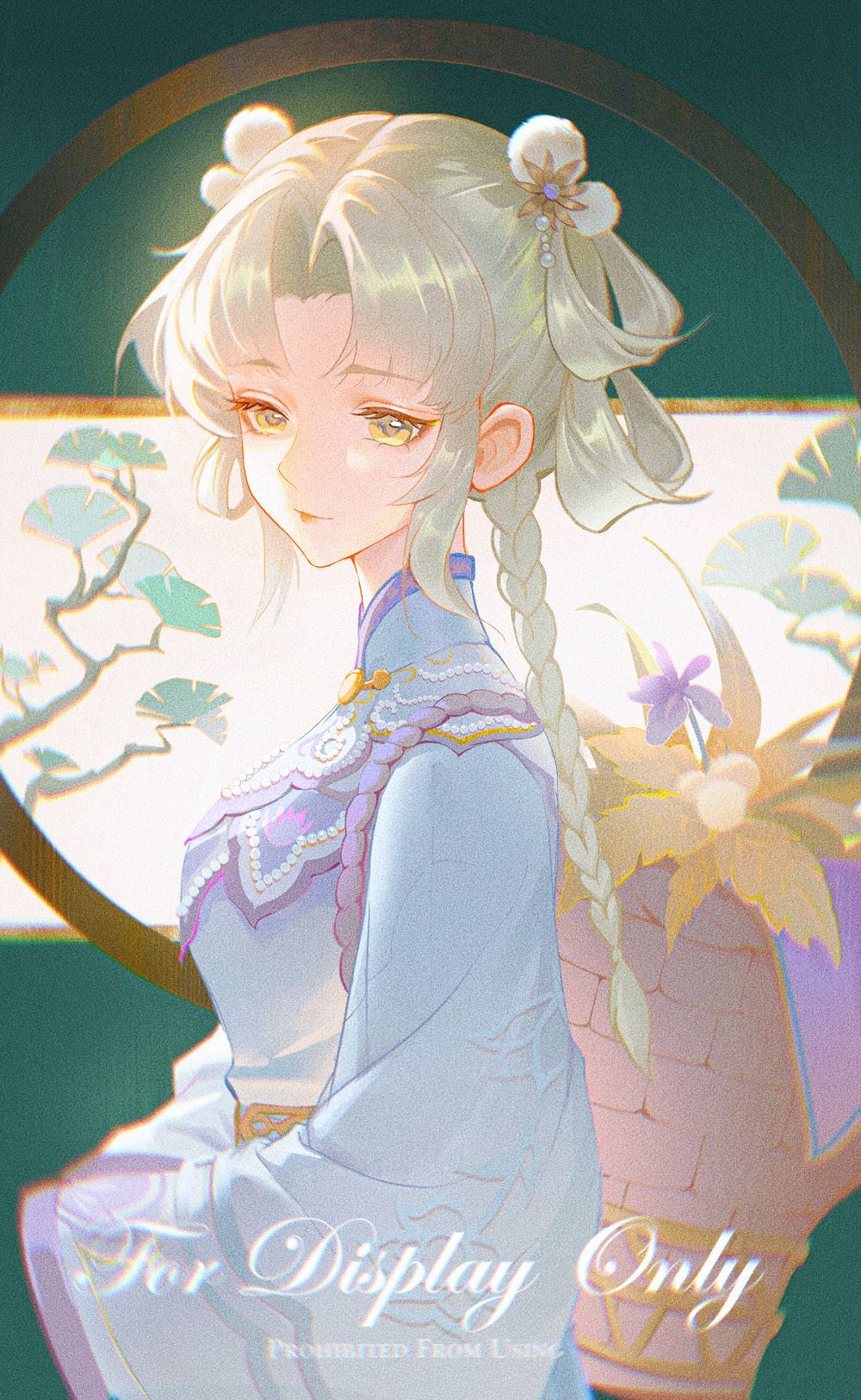 infinity nikki, nikki (series), chinese commentary, commentary request, highres, 1girl, aqua background, basket, blue capelet, blue hanfu, braid, capelet, chinese clothes, closed mouth, collared capelet, cowboy shot, expressionless, eyelashes, floral print, ginkgo leaf, grey hair, hair ornament, hair rings, hanfu, high collar, leaf, lipstick, long hair, long sleeves, looking at viewer, makeup, parted bangs, pink lips, plant, pom pom (clothes), pom pom hair ornament, potted plant, print sleeves, round window, sample watermark, single braid, sleeves past fingers, sleeves past wrists, solo, standing, thought in bloom (infinity nikki), tree, watermark, wide sleeves, window, yellow eyes, youyutiao, yunjian