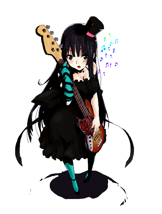 kirisato itsuki, akiyama mio, don't say "lazy", k-on!, striped, 00s, 1girl, bass guitar, black hair, blue pantyhose, blunt bangs, facepaint, female focus, gothic lolita, hat, hime cut, instrument, lolita fashion, long hair, mini hat, mini top hat, pantyhose, solo, top hat