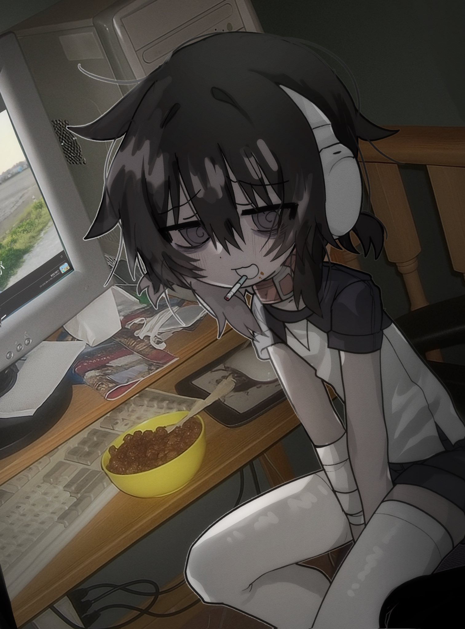 drugs neko, original, highres, 1girl, bags under eyes, bandaged arm, bandaged leg, bandages, bandaid, black eyes, black hair, computer, food, horns, indoors, shirt, short sleeves, shorts, sitting, solo