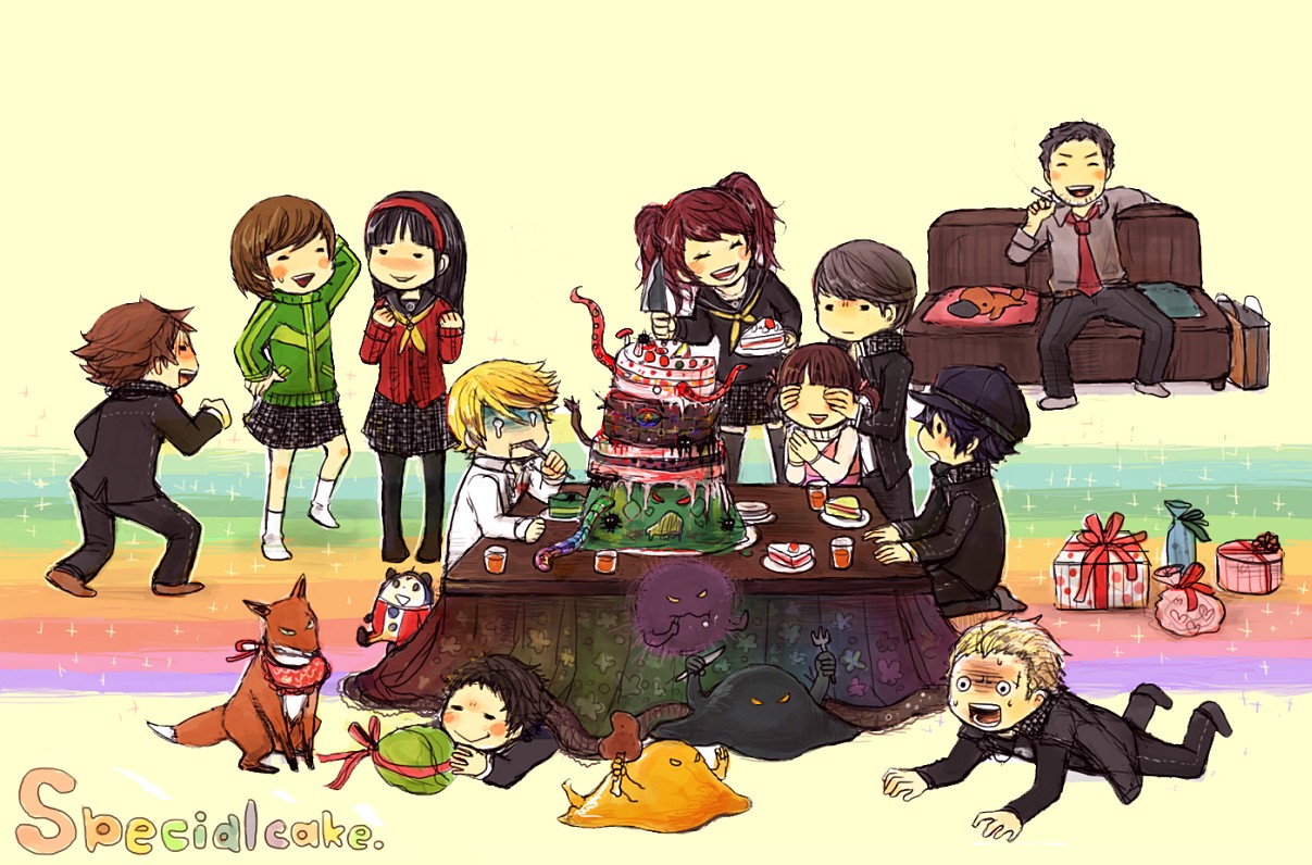 adachi tooru, amagi yukiko, doujima nanako, doujima ryoutarou, hanamura yousuke, kujikawa rise, kuma (persona 4), narukami yu, satonaka chie, shirogane naoto, tatsumi kanji, atlus, persona, persona 4, 5girls, 6+boys, bad food, cake, cigarette, food, gift, multiple boys, multiple girls, pantyhose, pastry, platypus, sick, thighhighs
