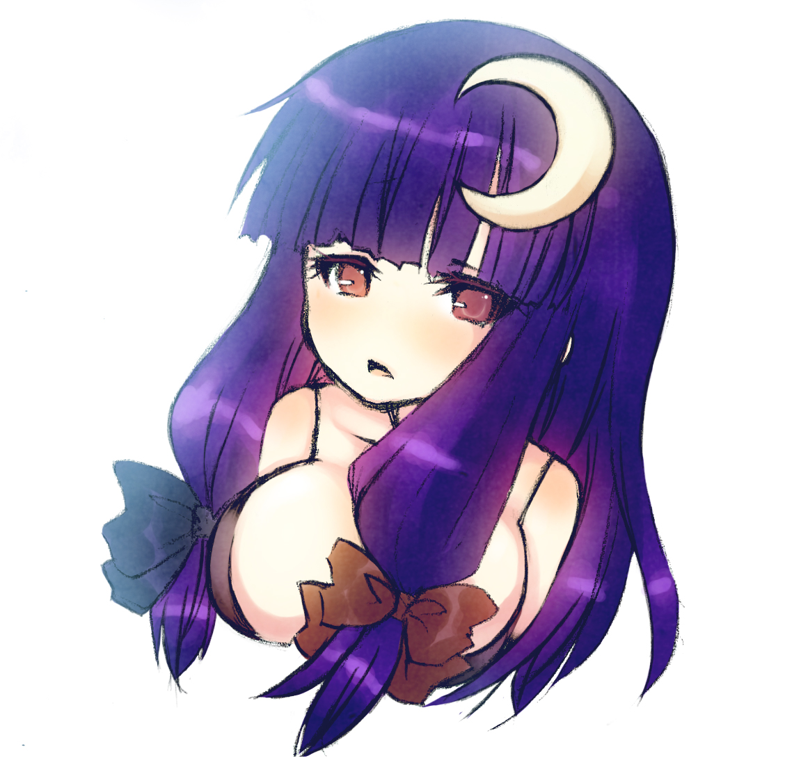dancho (dancyo), skull.03, patchouli knowledge, touhou, bad id, bad pixiv id, 1girl, breasts, crescent, crescent hair ornament, female focus, hair ornament, long hair, no headwear, purple hair, red eyes, solo