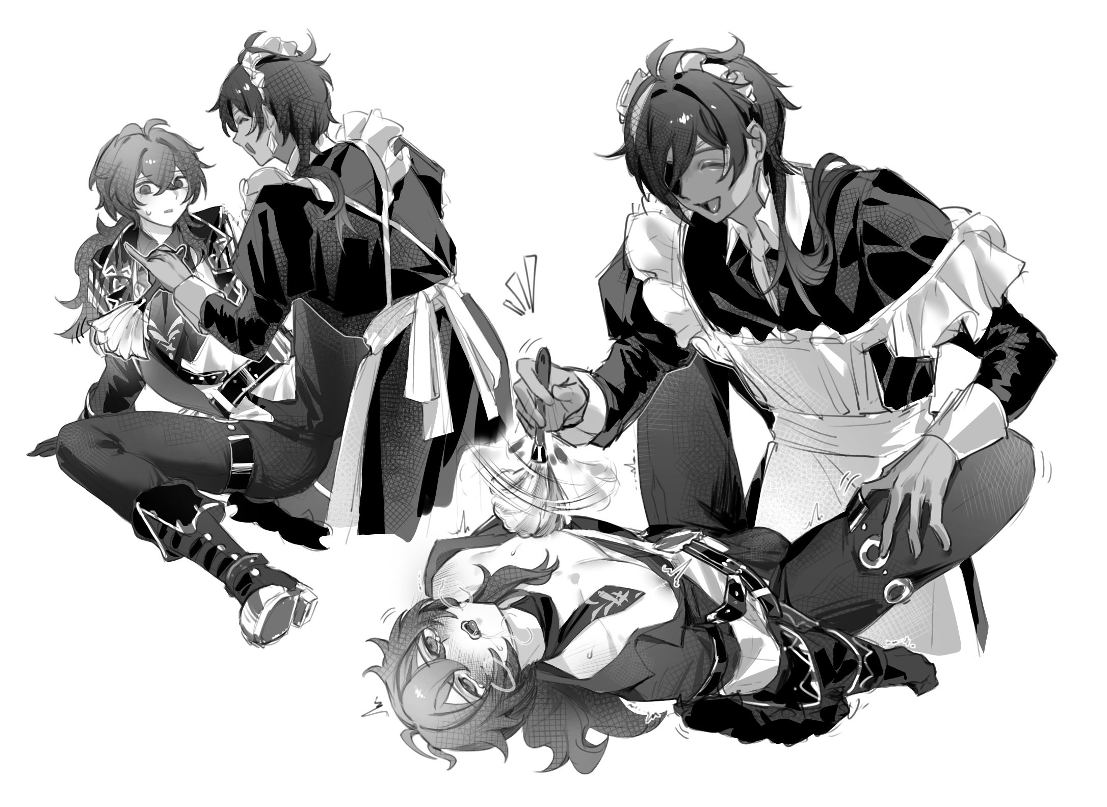 zehuij, diluc (genshin impact), kaeya (genshin impact), genshin impact, commentary request, highres, 2boys, alternate costume, apron, blush, bulge, closed eyes, crossdressing, crossdressing (mtf), dark-skinned male, dark skin, enmaided, eyepatch, greyscale, inseki, maid, maid apron, maid headdress, male focus, male maid, monochrome, multiple boys, nipple stimulation, open clothes, open mouth, open shirt, simple background, teeth, tongue, upper teeth only, white background, yaoi