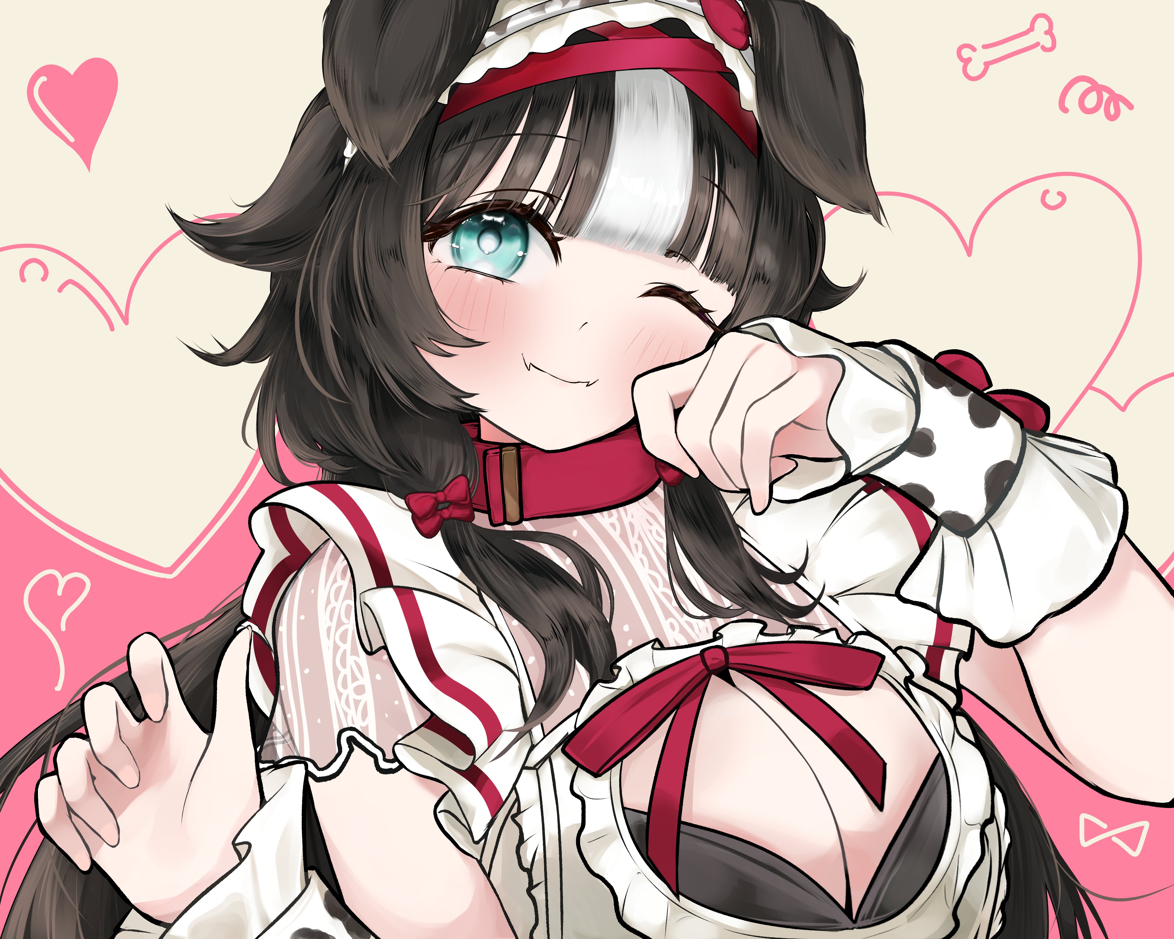 cafflin, bibi biscuit, phase connect, absurdres, highres, official art, 1girl, animal ears, aqua eyes, black hair, blush, bow, breasts, cleavage, closed mouth, dog ears, dog girl, fangs, hair bow, heart, long sleeves, one eye closed, red bow, skin fangs, solo, upper body, virtual youtuber, white hair