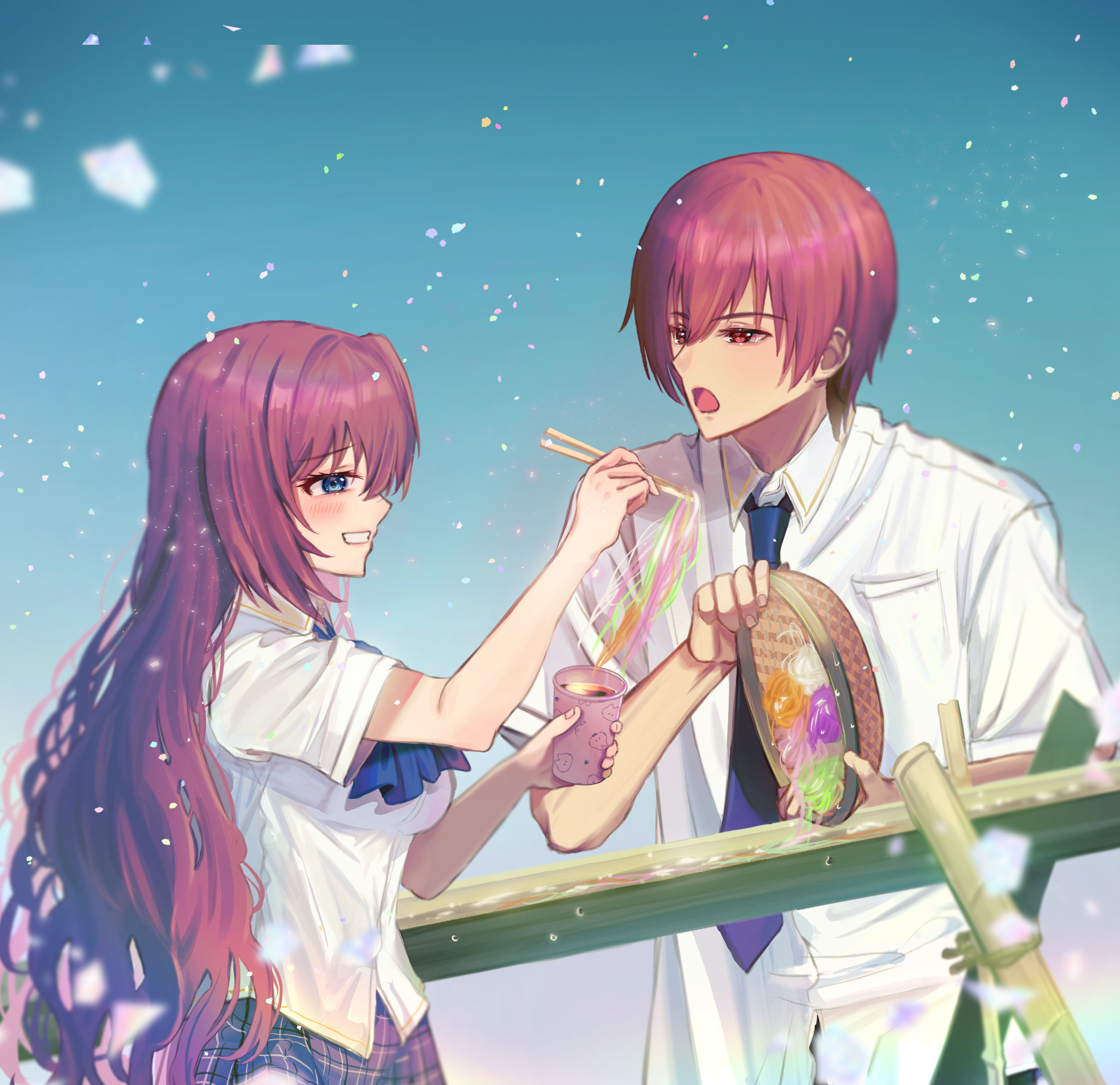 miiizuno lbs, a-chan (little busters!), natsume kyousuke, little busters!, commentary request, highres, 1boy, 1girl, :d, animal print, bamboo, blue bow, blue bowtie, blue eyes, blue necktie, blush, bow, bowtie, breasts, brown hair, cat print, chopsticks, collared shirt, cowboy shot, cup, day, dress shirt, eyelashes, feeding, flirting, food, from side, furrowed brow, grey skirt, grin, hair between eyes, happy, hetero, holding, holding chopsticks, holding cup, large breasts, light particles, little busters! school uniform, long hair, looking at another, nagashi soumen, necktie, noodles, open mouth, outdoors, plaid clothes, plaid skirt, print cup, profile, red eyes, school uniform, shirt, short hair, short sleeves, skirt, smile, soumen, straight hair, tsurime, upper body, very long hair, water, white shirt
