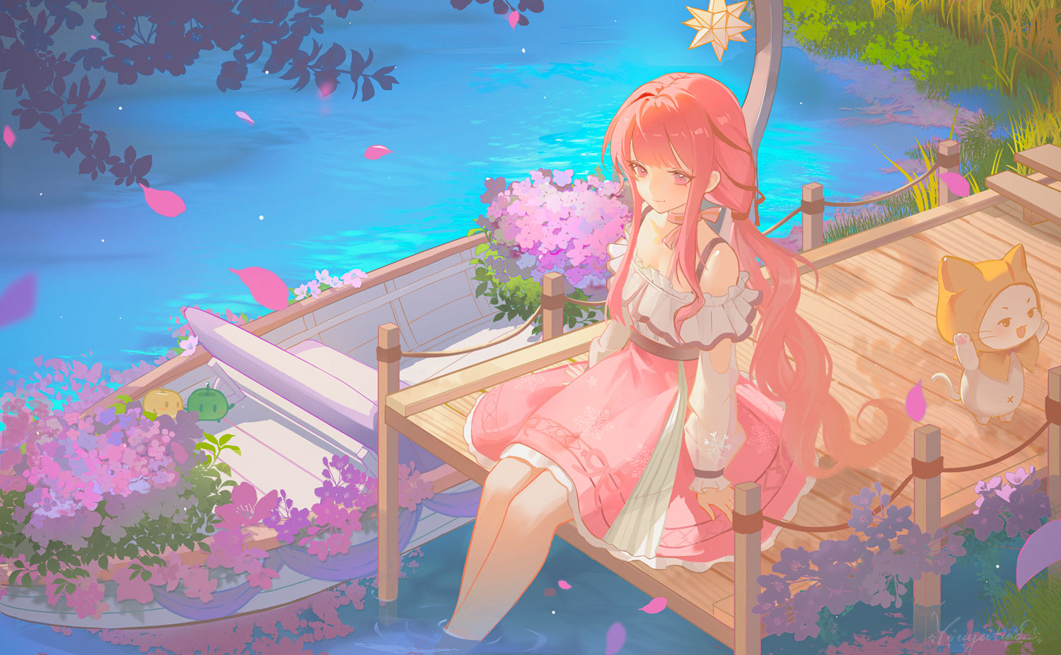 junimo, momo (nikki), nikki (nikki), perfect start (infinity nikki), infinity nikki, nikki (series), stardew valley, bad link, chinese commentary, commentary request, 1girl, ahoge, animal, apple, arm cutout, bare legs, bare shoulders, belt, black belt, black bow, black ribbon, blunt bangs, boat, bow, bow choker, bowtie, bra strap, brown eyes, cat, choker, cloak, closed mouth, clothed animal, clothing cutout, collarbone, day, ear covers, eyelashes, falling petals, food, food-themed creature, frilled shirt, frilled skirt, frilled sleeves, frills, fruit, full body, grass, hair bow, hair ribbon, hexagram, high-waist skirt, hood, hood up, hooded cloak, layered skirt, long hair, long sidelocks, long sleeves, looking ahead, low twintails, medium skirt, navel, off-shoulder shirt, off shoulder, outdoors, pawpads, petals, pink bow, pink choker, pink hair, pink ribbon, pink skirt, pleated skirt, puffy long sleeves, puffy sleeves, ribbon, river, shirt, sidelocks, single stripe, sitting, skirt, sleeves past wrists, smile, soaking feet, striped bow, striped choker, tress ribbon, twintails, very long hair, watercraft, watermark, waving, wavy hair, whiskers, white cat, white shirt, white skirt, yellow cloak, youyutiao