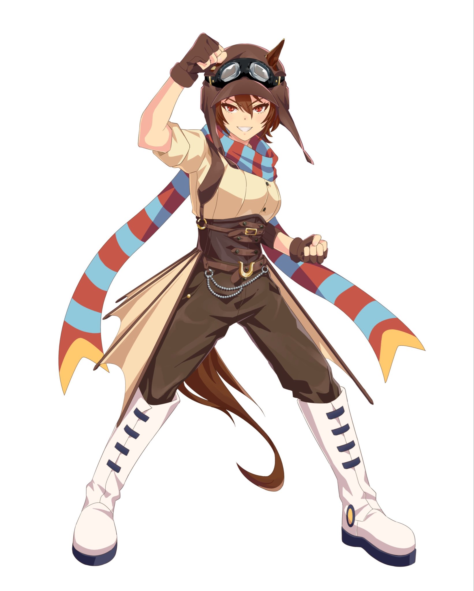 knew nothing, original, umamusume, commentary, english commentary, highres, 1girl, agnes flight (racehorse), animal ears, arm up, aviator cap, aviator goggles, belt, blue scarf, boots, brown belt, brown hair, brown hat, brown pants, brown shirt, clenched hands, fingerless gloves, full body, gloves, goggles, goggles on headwear, grin, hair between eyes, hat, horse ears, horse girl, horse tail, knee boots, looking at viewer, pants, red eyes, red scarf, scarf, shirt, short hair, short sleeves, simple background, smile, solo, standing, striped clothes, striped scarf, tail, v-shaped eyebrows, white background, white boots