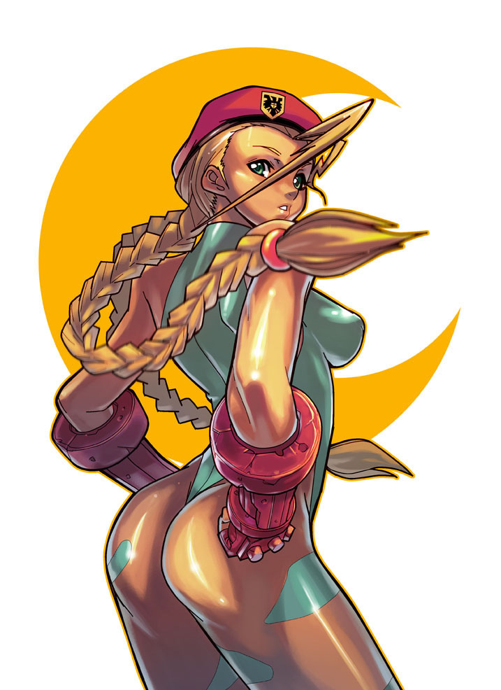 fengmo, cammy white, capcom, street fighter, 1girl, ass, beret, blonde hair, blue leotard, braid, breasts, female focus, fingerless gloves, garrison cap, gloves, green eyes, hat, large breasts, leotard, long hair, moon, solo, twin braids