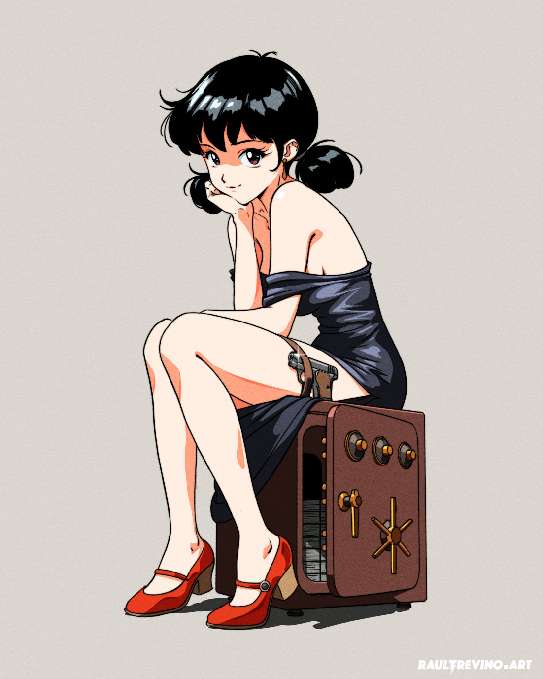 raul trevino, original, highres, 1girl, bag, bare shoulders, black dress, black hair, dress, full body, grey background, hand on own cheek, hand on own face, handbag, head rest, high heels, looking at viewer, shoes, sitting, smile, solo