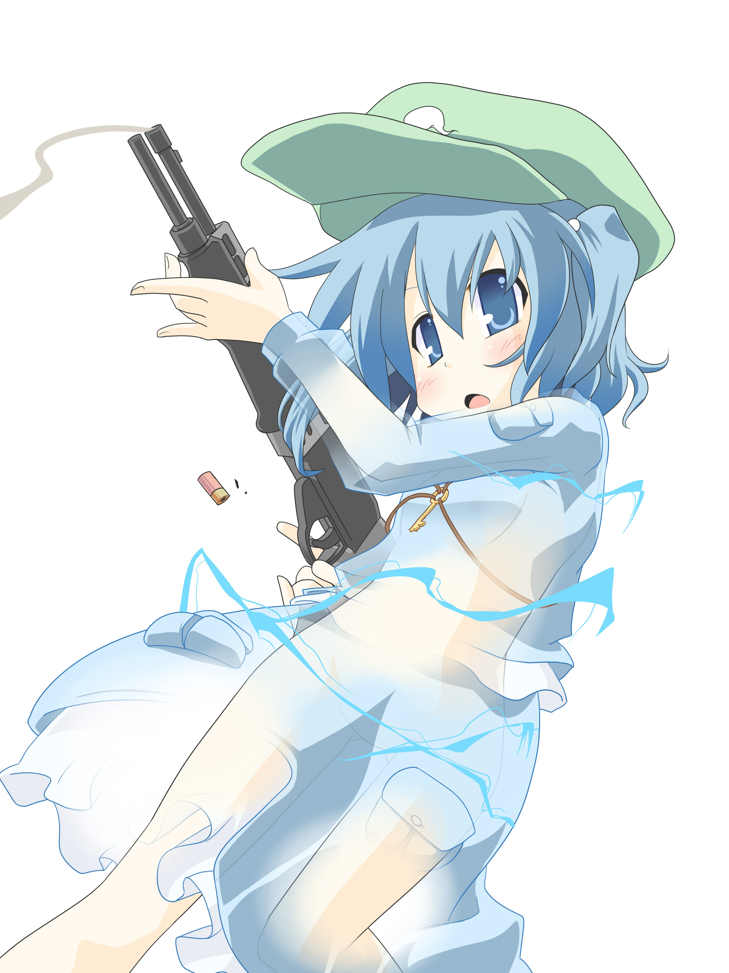 hujikok, kawashiro nitori, touhou, absurdres, bad id, bad pixiv id, highres, 1girl, blue eyes, blue hair, casing ejection, combat shotgun, dual-mode shotgun, female focus, gun, hat, key, matching hair/eyes, pump-action shotgun, pump action, see-through clothes, semi-automatic shotgun, shell casing, short hair, shotgun, smoke, smoking barrel, solo, spas-12, twintails, two side up, weapon