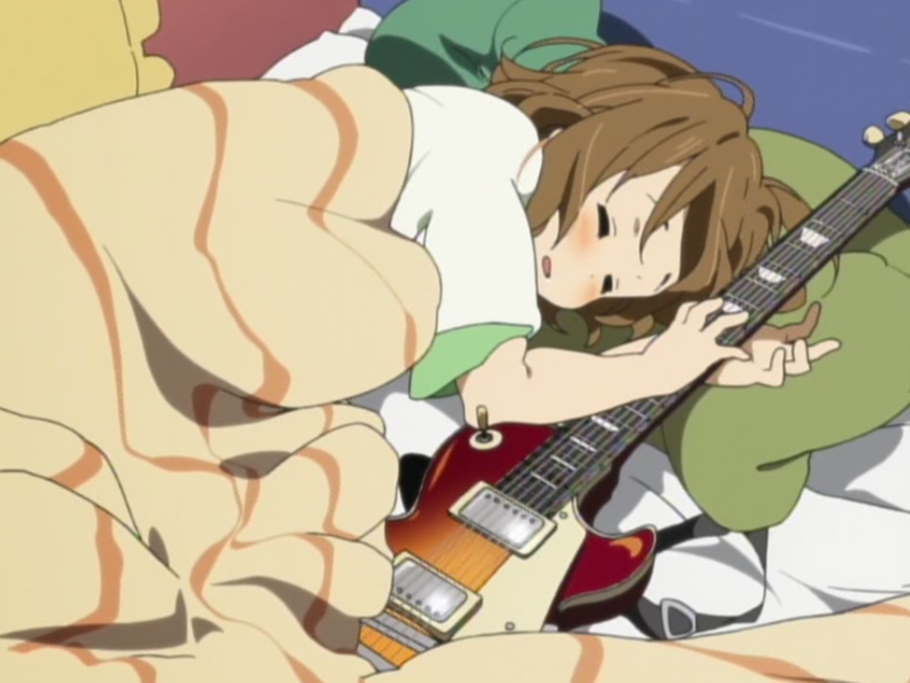 hirasawa yui, k-on!, 00s, brown hair, closed eyes, gibson les paul, guitar, instrument, short hair, sleeping
