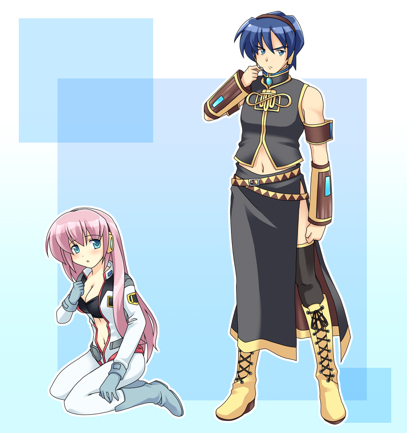 pure (artist), pure (kawamoto nami), megurine luka, yu kajima, gundam, gundam side story: the blue destiny, vocaloid, pilot suit, 1boy, 1girl, blue eyes, blue hair, blush, breasts, cleavage, cosplay, costume switch, crossdressing, crossover, headset, long hair, megurine luka (cosplay), midriff, navel, pink hair, short hair, thighhighs, yu kajima (cosplay)