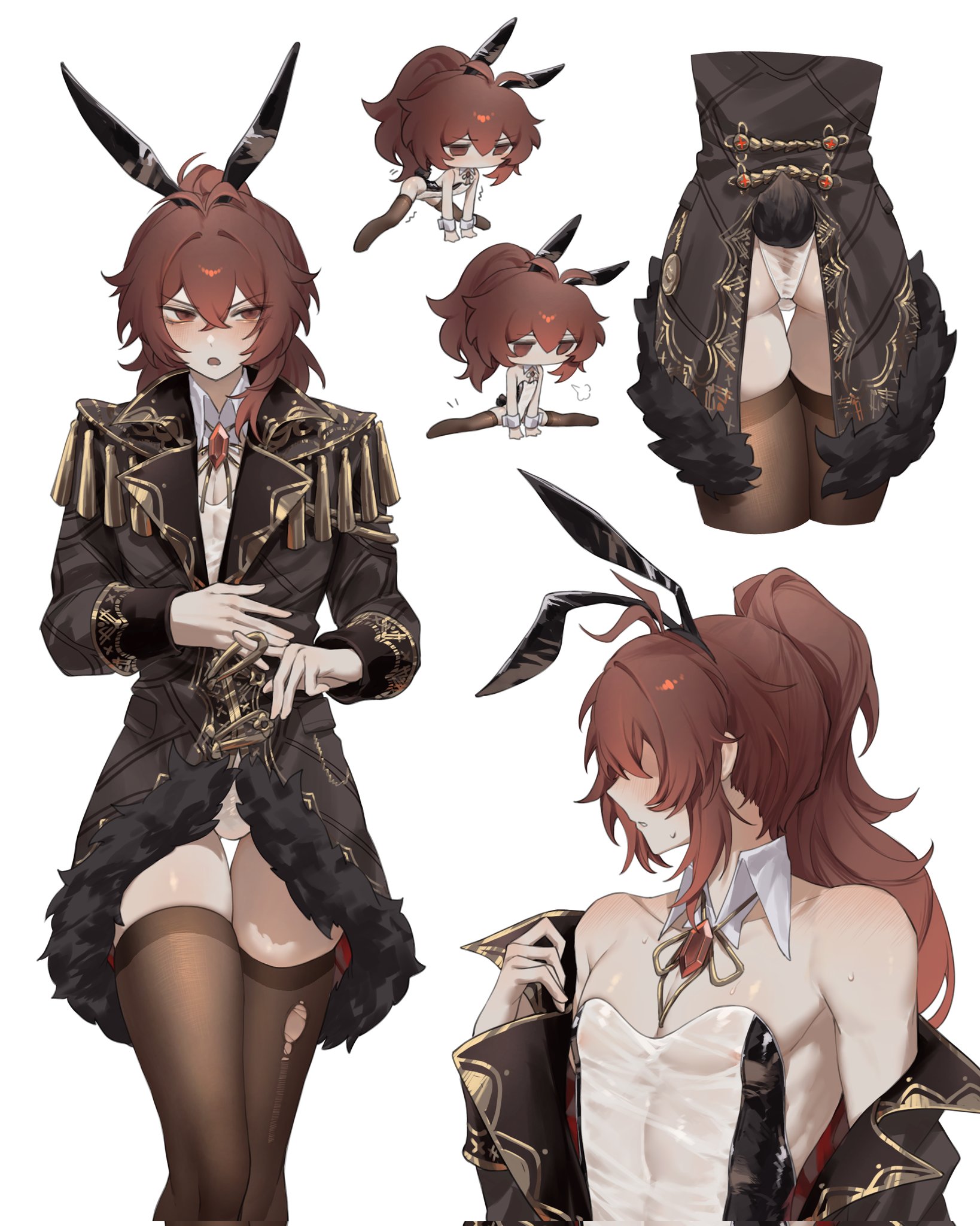 zehuij, diluc (genshin impact), genshin impact, highres, 1boy, alternate costume, animal ears, ass, black leotard, black thighhighs, blush, chibi, crossdressing, crossdressing (mtf), hair between eyes, leotard, long hair, male focus, multiple views, ponytail, rabbit ears, rabbit tail, red eyes, red hair, simple background, tail, thighhighs, thighs, torn clothes, torn thighhighs, transparent leotard, white background