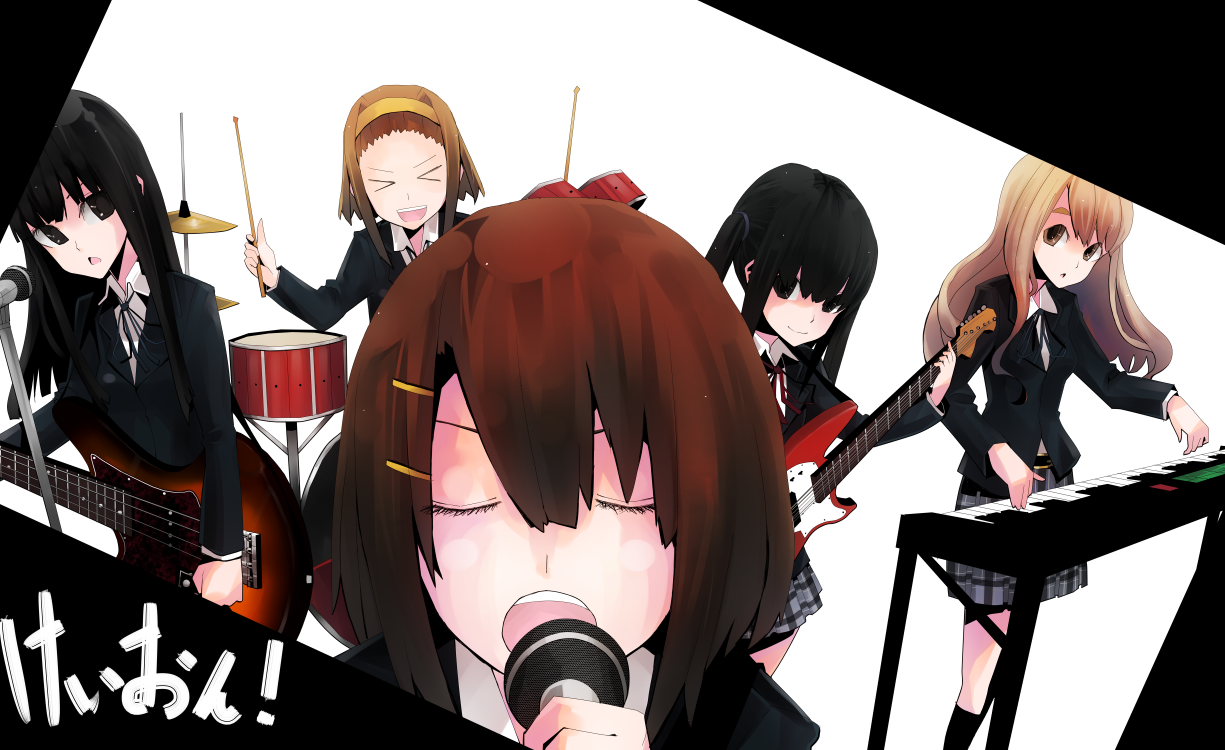 koto (kotocotton), akiyama mio, hirasawa yui, kotobuki tsumugi, nakano azusa, tainaka ritsu, k-on!, bad id, bad pixiv id, > <, 00s, 5girls, band (music), bass guitar, black hair, blonde hair, blunt bangs, brown hair, closed eyes, drum, drum set, guitar, hair ornament, hairband, hairclip, hime cut, ho-kago tea time, instrument, keyboard, keyboard (instrument), long hair, microphone, microphone stand, multiple girls, music, mustang (guitar), school uniform, short hair, singing, synthesizer