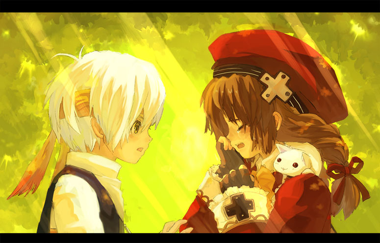 aogoma, pixiv fantasia, bad id, bad pixiv id, 1boy, 1girl, bandana, braid, brown hair, cat, gloves, hat, letterboxed, tears, twin braids, white hair
