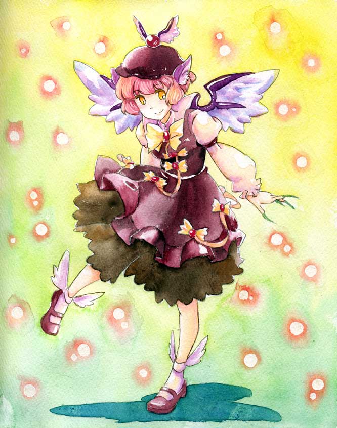 mitsumoto jouji, shiroaisa, mystia lorelei, touhou, painting (medium), traditional media, watercolor (medium), 1girl, female focus, full body, pink hair, short hair, solo, standing, wings