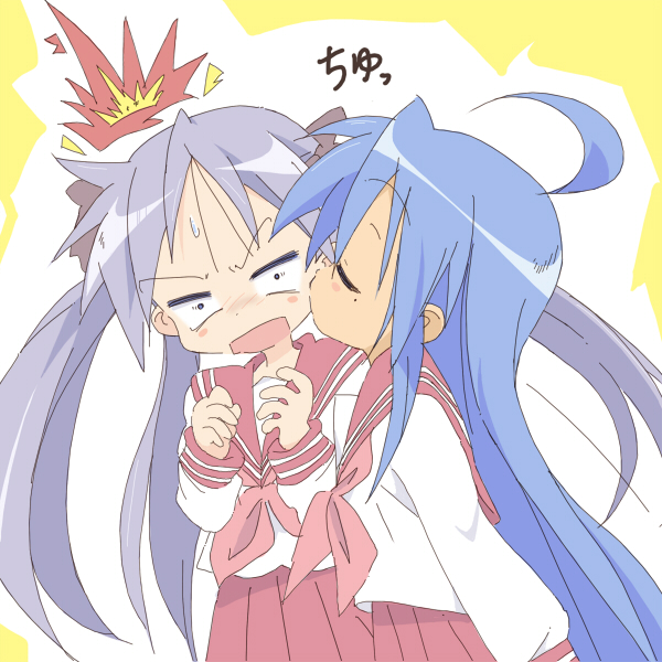 core (mayomayo), hiiragi kagami, izumi konata, lucky star, bad id, bad pixiv id, 00s, 2girls, ahoge, blue hair, kiss, kissing cheek, long hair, mole, mole under eye, multiple girls, purple hair, school uniform, serafuku, surprised, yuri