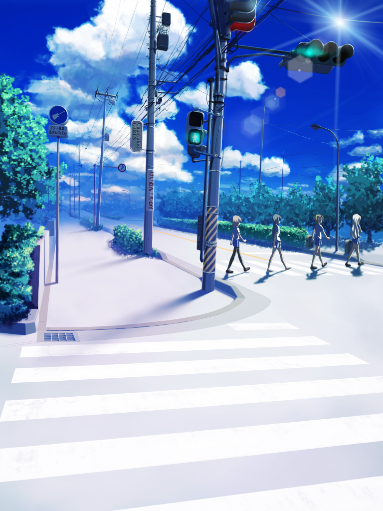r.s.r., akiyama mio, hirasawa yui, kotobuki tsumugi, tainaka ritsu, abbey road, k-on!, the beatles, bad id, bad pixiv id, 4girls, cloud, crosswalk, day, multiple girls, parody, school uniform, sky, traffic light