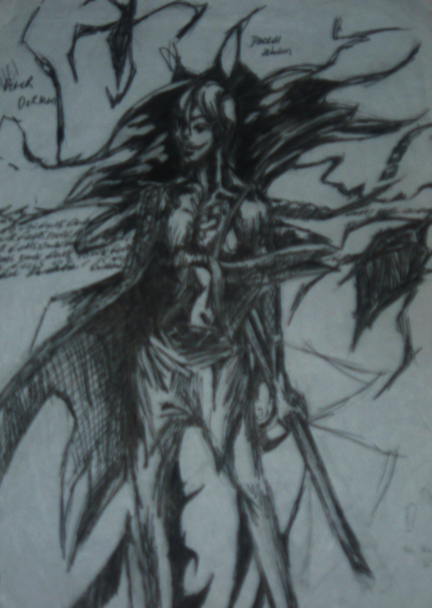 willdie, highres, non-web source, self-upload, cape, death, mask, monochrome, monster, smile, solo, sword, weapon