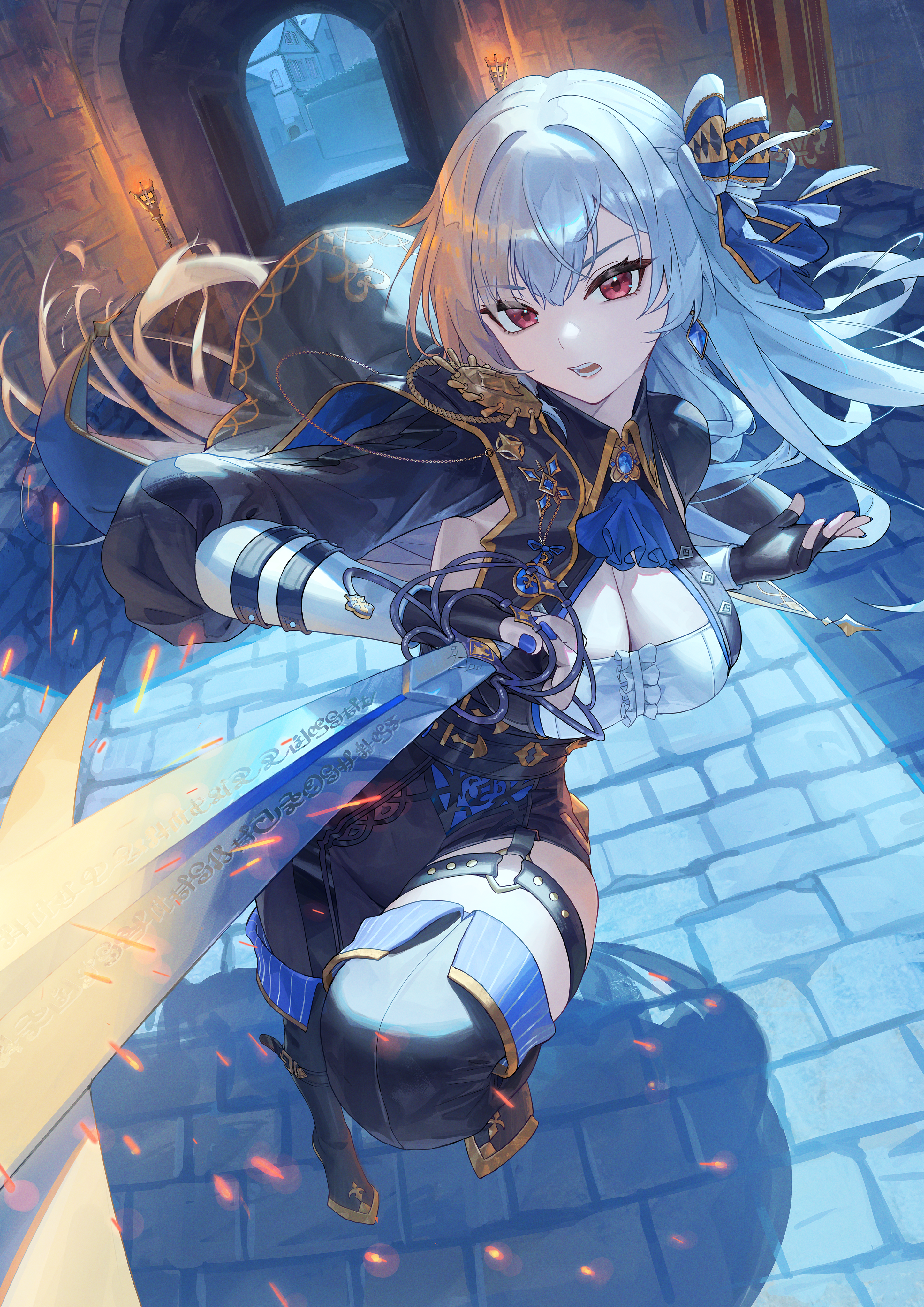 takinashi (friend coffee), original, absurdres, highres, 1girl, asymmetrical clothes, asymmetrical legwear, black gloves, blue nails, boots, bow, breasts, cleavage, fingerless gloves, gloves, hair bow, holding, holding sword, holding weapon, large breasts, long hair, looking at viewer, o-ring strap, open mouth, red hair, single pantsleg, solo, sword, thigh boots, weapon, white hair