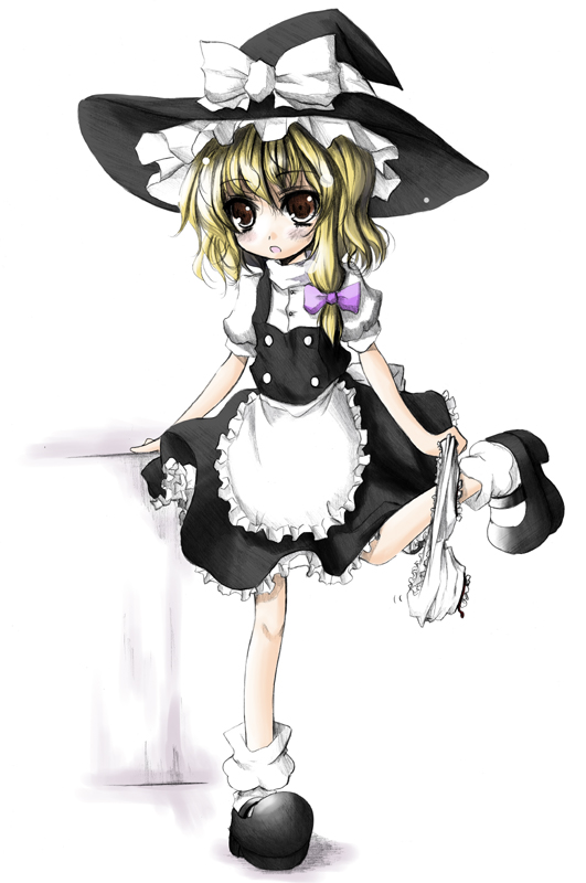 kurona, kirisame marisa, touhou, 1girl, blonde hair, bloomers, female focus, full body, gradient background, hat, panties, panties around leg, solo, underwear, undressing, witch hat