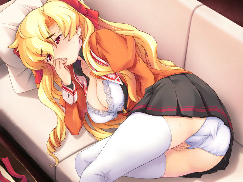 hagiya masakage, suwa emiri, ojousama wo iinari ni suru game, eyebrows, game cg, 1girl, ass, blonde hair, bra, couch, female focus, female masturbation, hair ribbon, licking, licking finger, lingerie, masturbation, mouth hold, open clothes, open shirt, panties, pillow, red eyes, ribbon, school uniform, shirt, solo, thighhighs, underwear