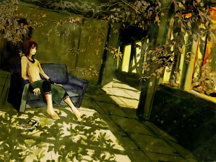 yoshidaworks, original, bad id, bad pixiv id, 1girl, barefoot, brown hair, couch, digital media player, dutch angle, female focus, indoors, ipod, overgrown, plant, shade, short hair, sitting, solo, sunlight, sunset, tree, tree shade, window, window shadow