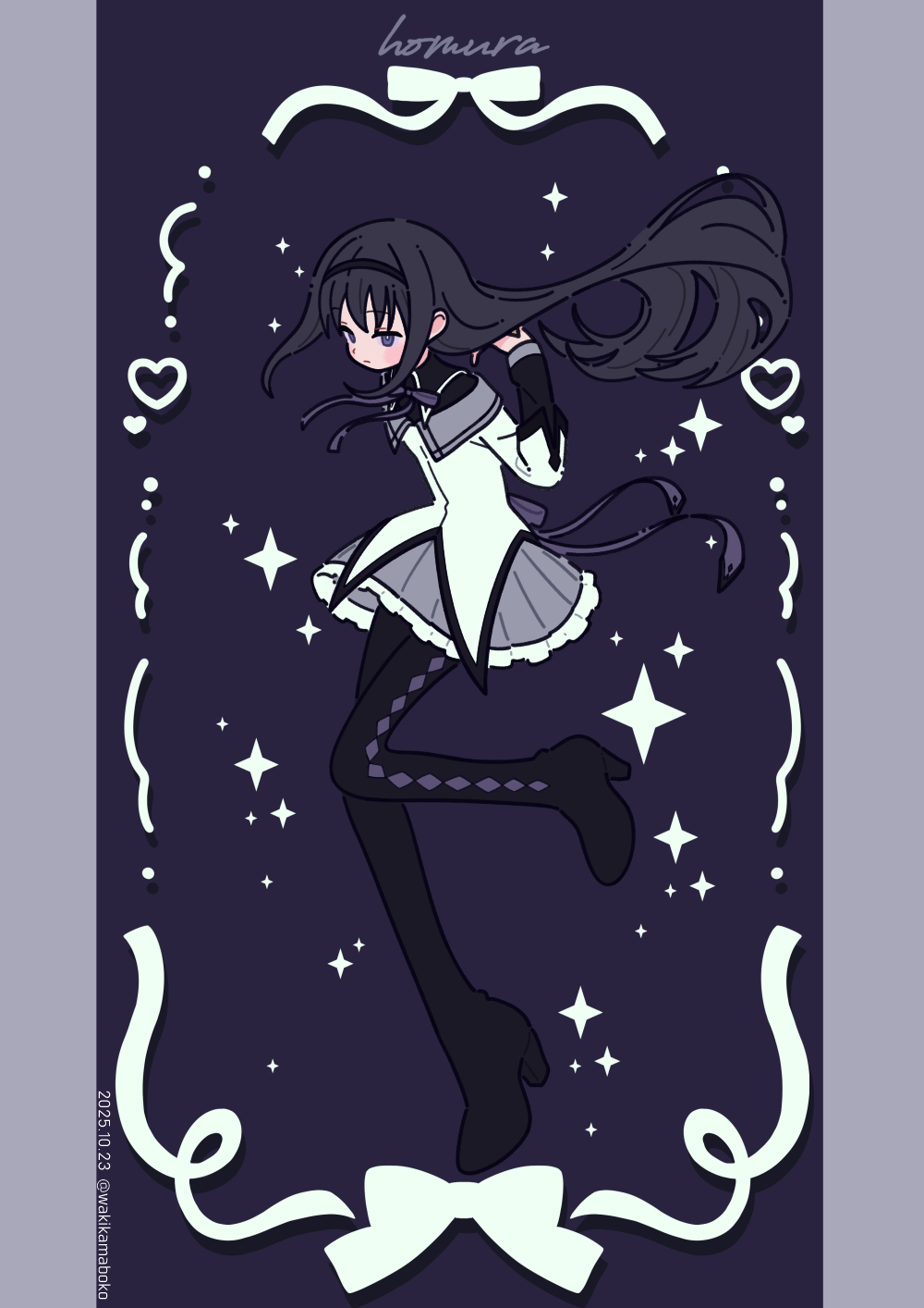 neki (wakiko), akemi homura, mahou shoujo madoka magica, mahou shoujo madoka magica (anime), commentary request, highres, revision, 1girl, black boots, black hair, black hairband, black shirt, boots, character name, dated, floating hair, full body, grey skirt, hairband, hand up, high heel boots, high heels, jacket, knees together feet apart, layered sleeves, long hair, long sleeves, magical girl, pleated skirt, purple background, purple eyes, shirt, skirt, solo, thigh boots, twitter username, very long hair, white jacket